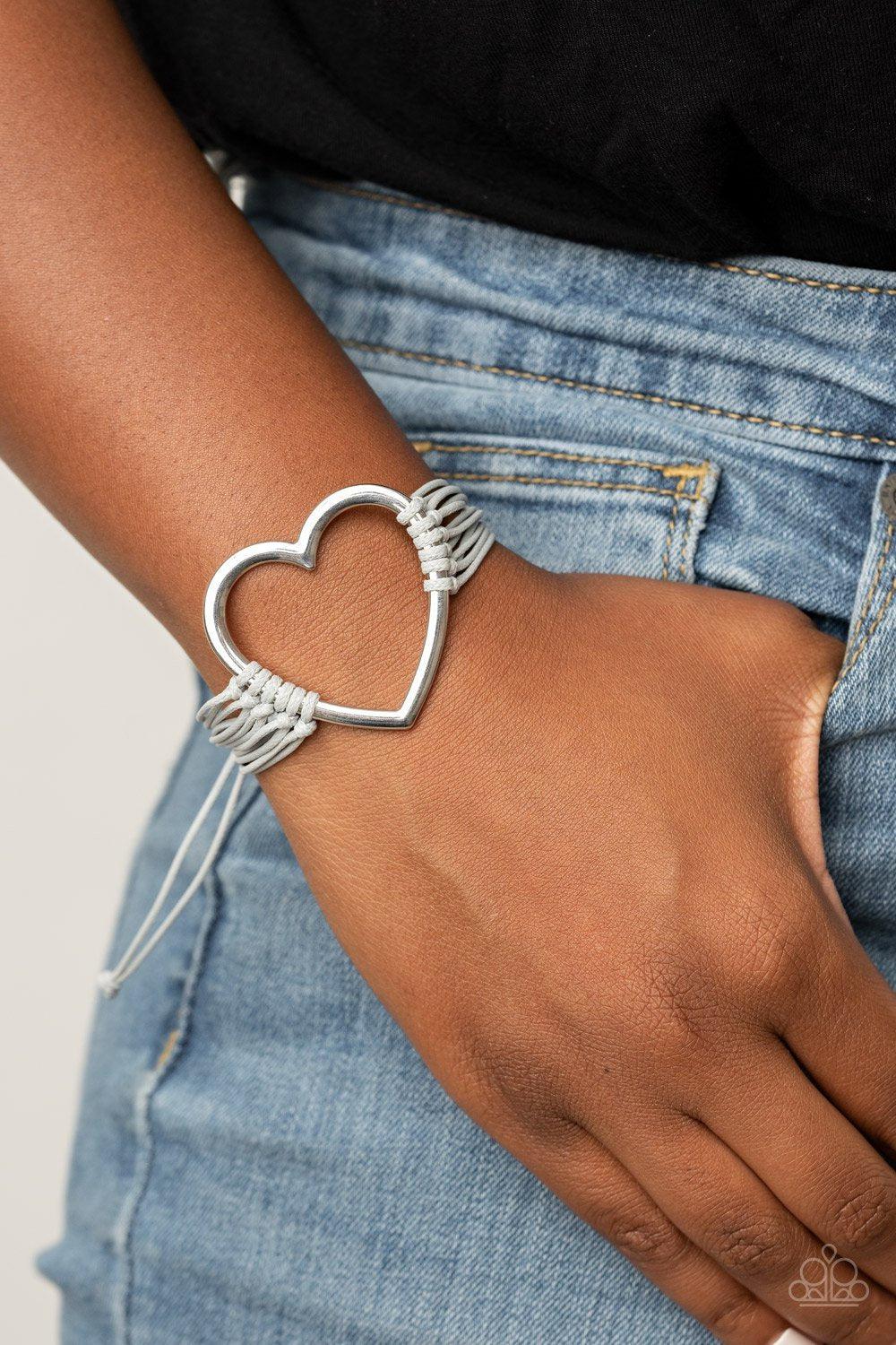 Playing With My HEARTSTRINGS Silver Heart Charm Urban Knot Bracelet - Paparazzi Accessories- lightbox - CarasShop.com - Paparazzi Jewelry by Cara Jewels