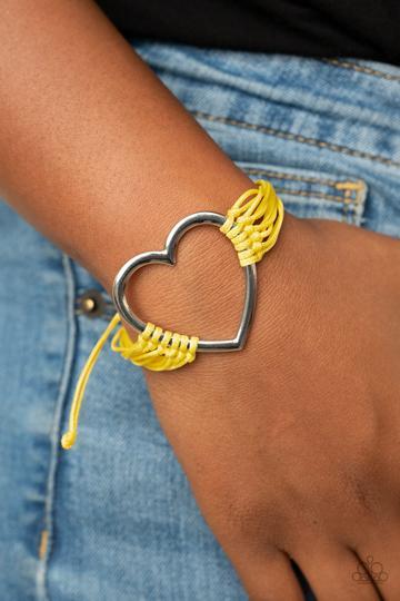 Playing With My HEARTSTRINGS Yellow and Silver Heart Charm Urban Knot Bracelet - Paparazzi Accessories- lightbox - CarasShop.com - Paparazzi Jewelry by Cara Jewels