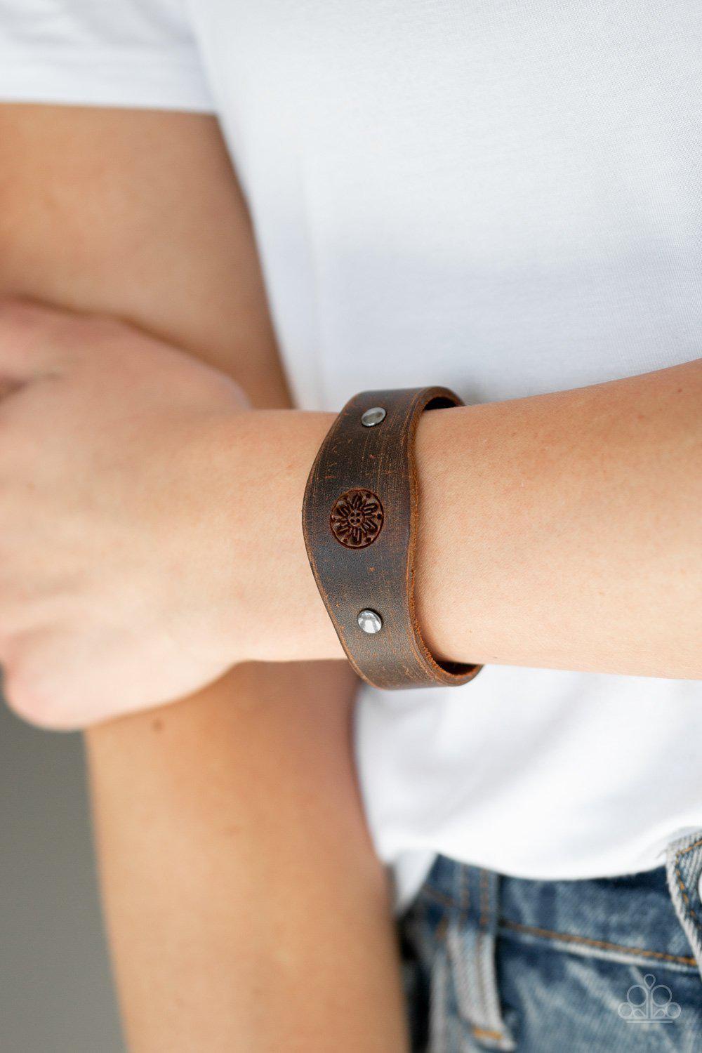 Pleasantly Pioneer Brown Leather Urban Bracelet - Paparazzi Accessories- lightbox - CarasShop.com - Paparazzi Jewelry by Cara Jewels