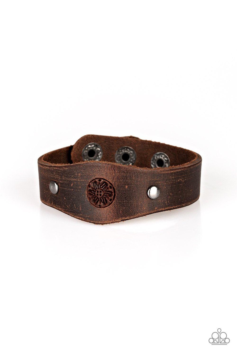 Pleasantly Pioneer Brown Leather Urban Bracelet - Paparazzi Accessories- on model - CarasShop.com - Paparazzi Jewelry by Cara Jewels