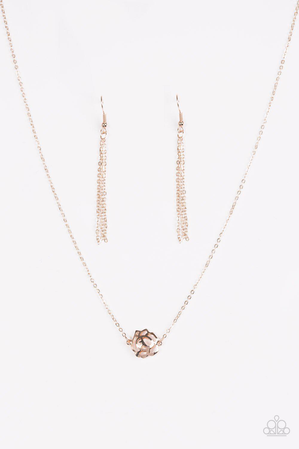 Pleasantly Primrose Rose Gold Necklace - Paparazzi Accessories - free matching earrings -CarasShop.com - Paparazzi Jewelry by Cara Jewels