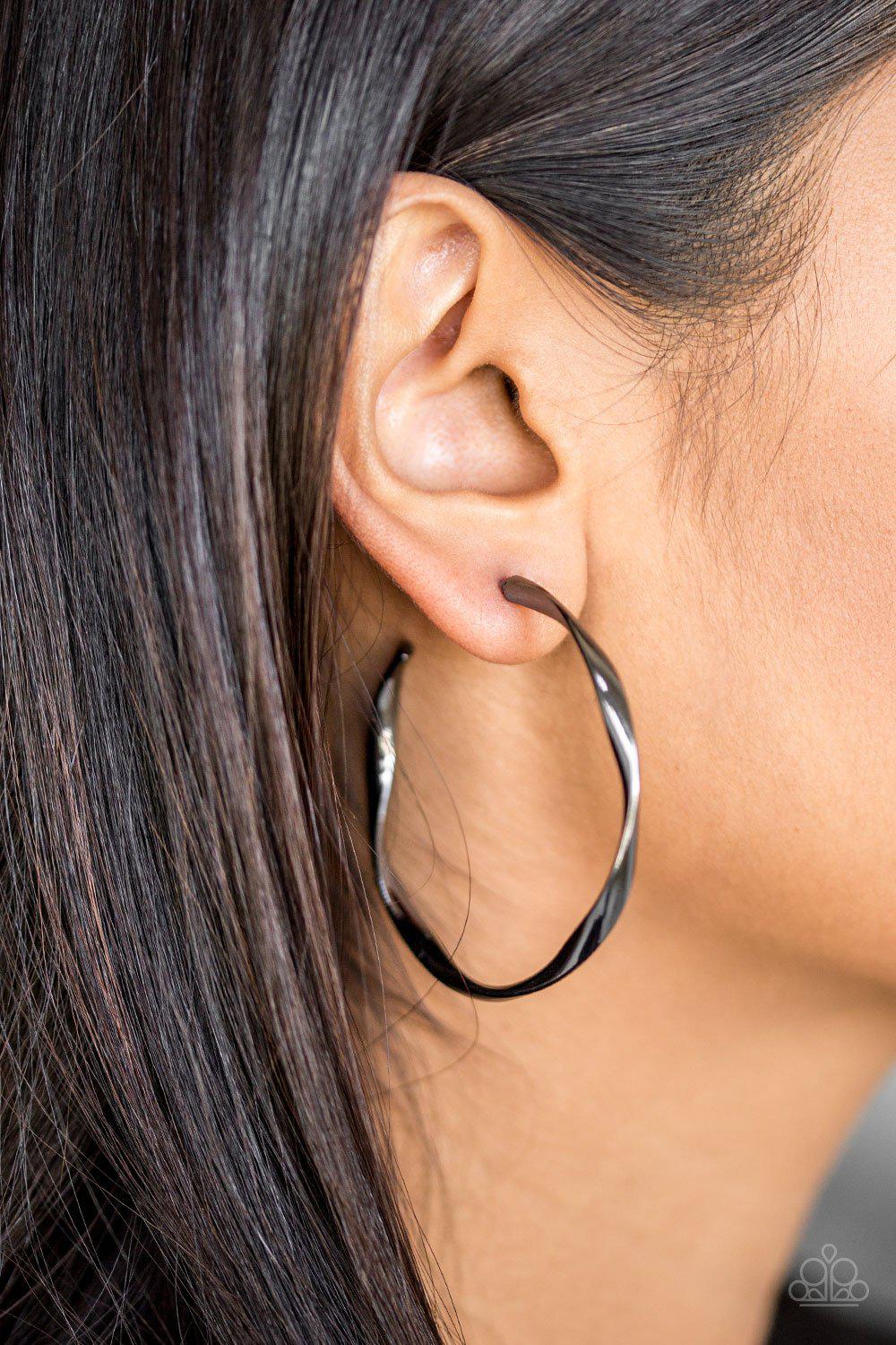 Plot Twist Gunmetal Black Hoop Earrings - Paparazzi Accessories- lightbox - CarasShop.com - Paparazzi Jewelry by Cara Jewels