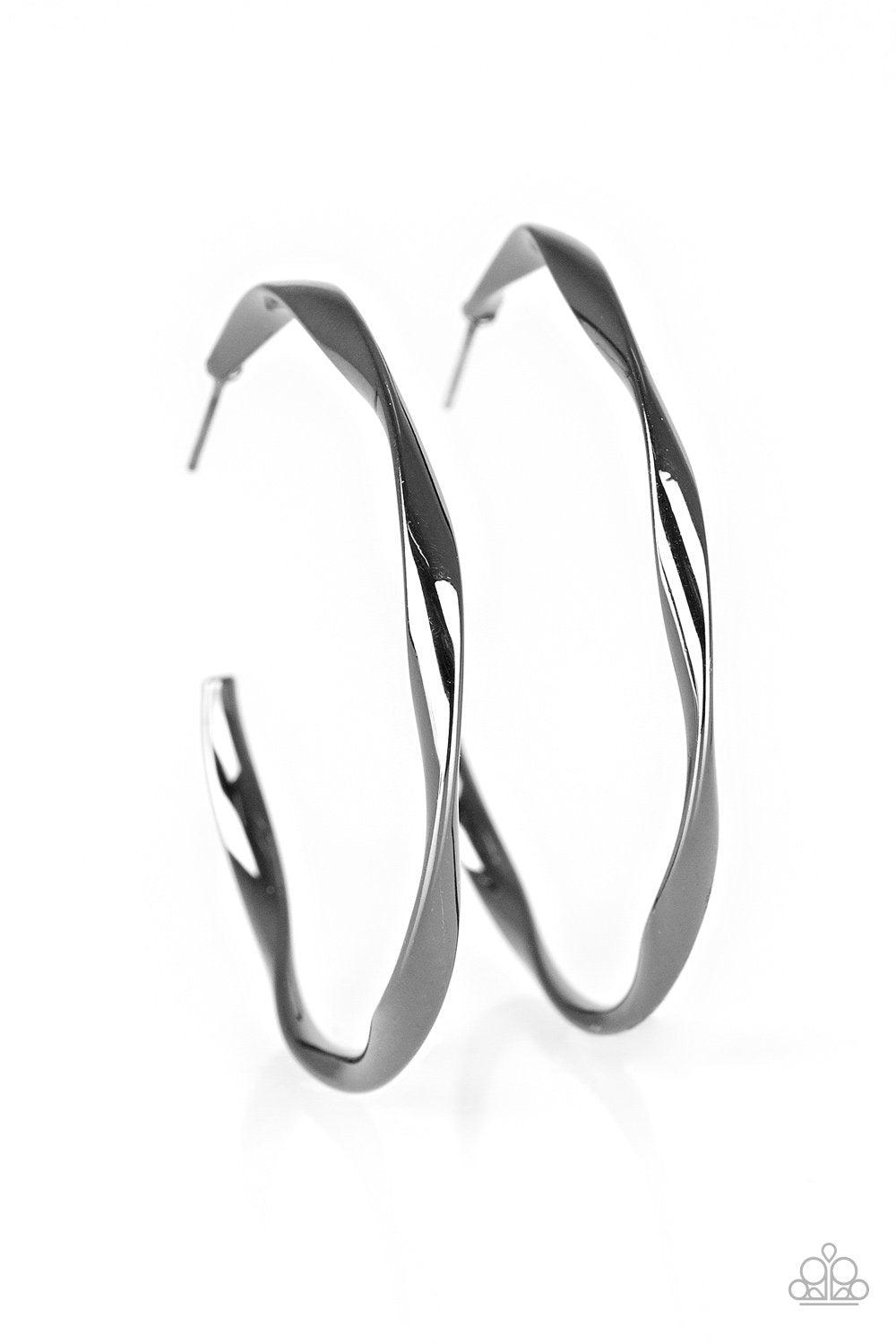 Plot Twist Gunmetal Black Hoop Earrings - Paparazzi Accessories- on model - CarasShop.com - Paparazzi Jewelry by Cara Jewels