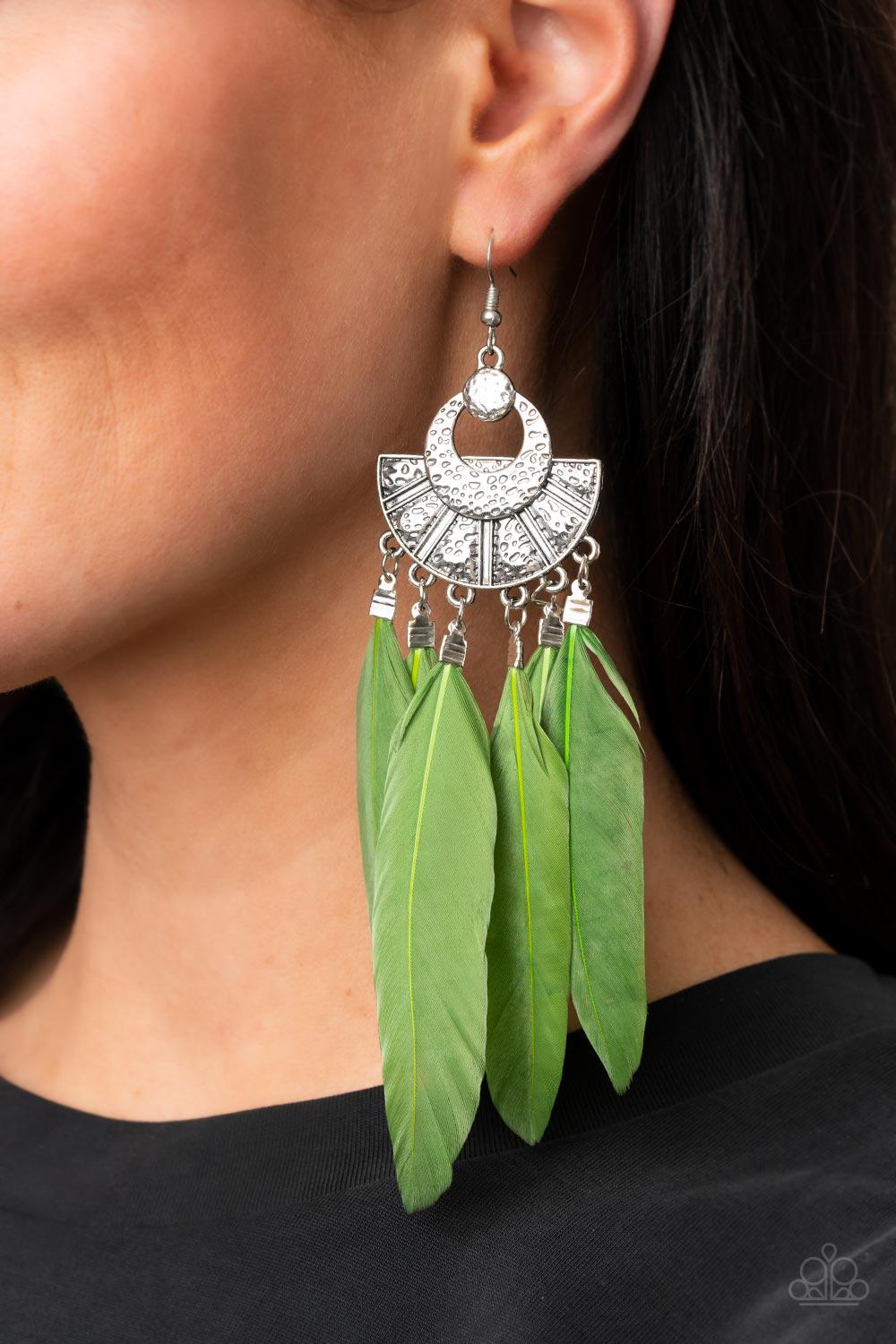 Paparazzi Plume Paradise Green Feather Earrings CarasShop