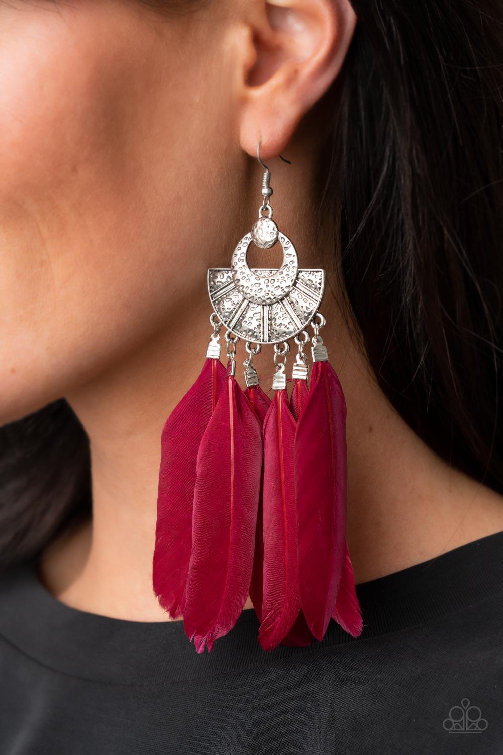 Plume Paradise Red Feather Earrings - Paparazzi Accessories- on model - CarasShop.com - Paparazzi Jewelry by Cara Jewels