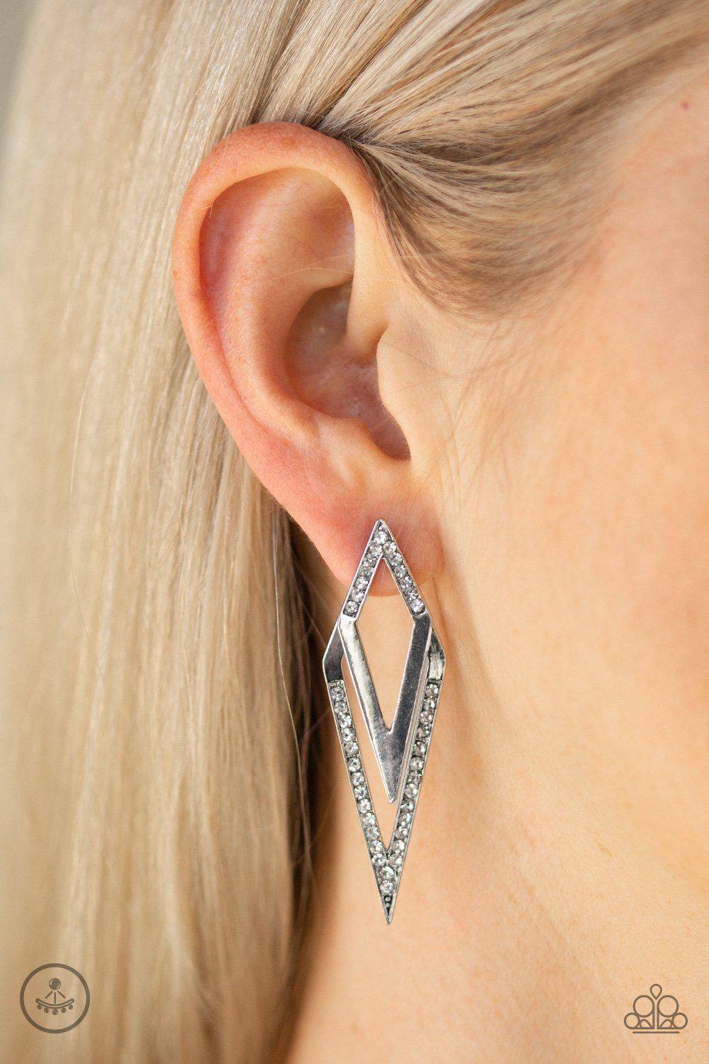 Point-BANK Silver and White Rhinestone double-sided Post Earrings - Paparazzi Accessories- lightbox - CarasShop.com - Paparazzi Jewelry by Cara Jewels