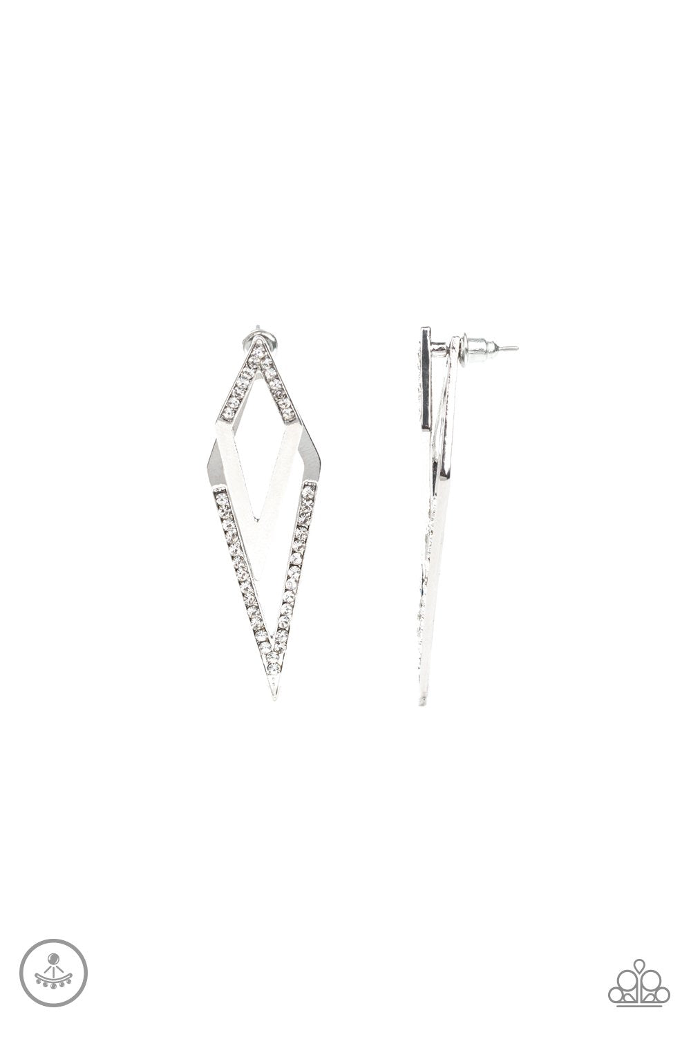 Point-BANK Silver and White Rhinestone double-sided Post Earrings - Paparazzi Accessories- on model - CarasShop.com - Paparazzi Jewelry by Cara Jewels