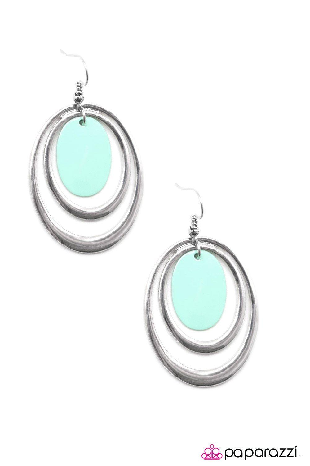 Poolside Silver and Blue Earrings - Paparazzi Accessories- on model - CarasShop.com - Paparazzi Jewelry by Cara Jewels