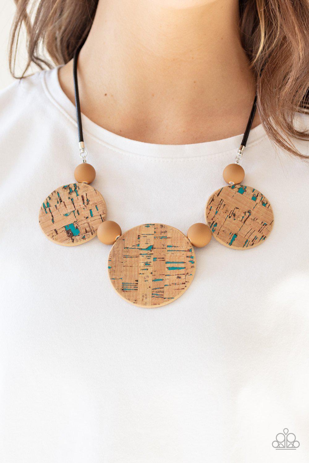 Pop The Cork Blue and Cork Necklace - Paparazzi Accessories- lightbox - CarasShop.com - Paparazzi Jewelry by Cara Jewels