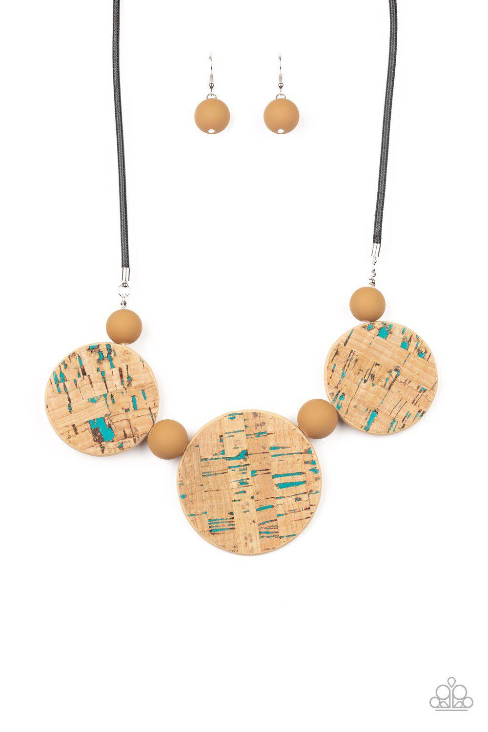 Pop The Cork Blue and Cork Necklace - Paparazzi Accessories- on model - CarasShop.com - Paparazzi Jewelry by Cara Jewels