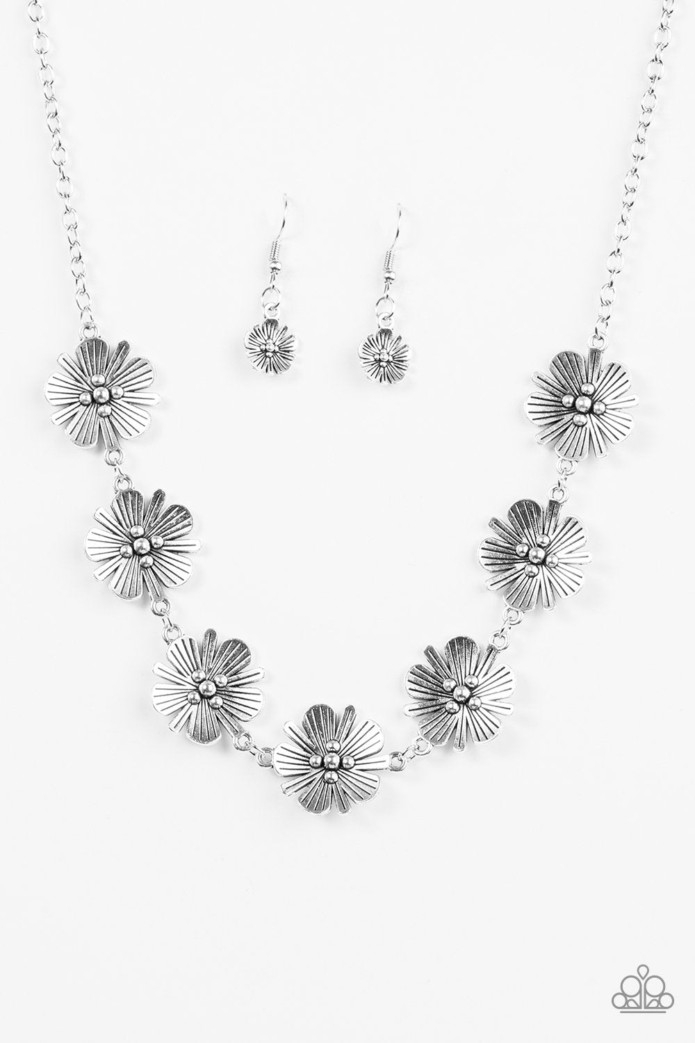 Poppin' Poppies Silver Flower Necklace - Paparazzi Accessories - free matching earrings -CarasShop.com - Paparazzi Jewelry by Cara Jewels
