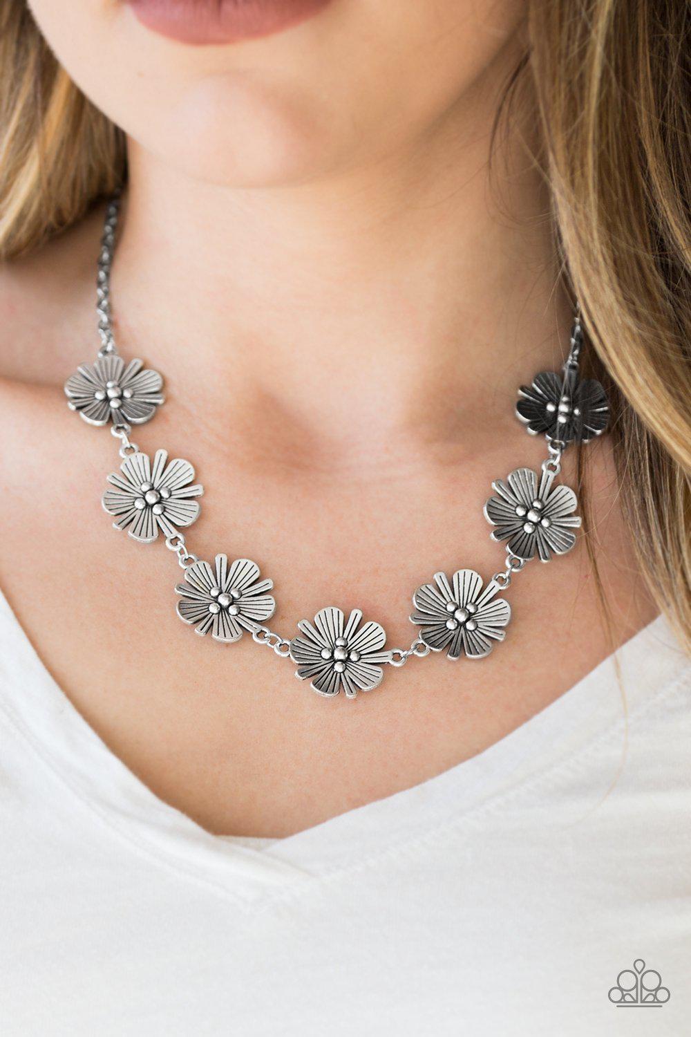 Poppin' Poppies Silver Flower Necklace - Paparazzi Accessories- lightbox - CarasShop.com - Paparazzi Jewelry by Cara Jewels