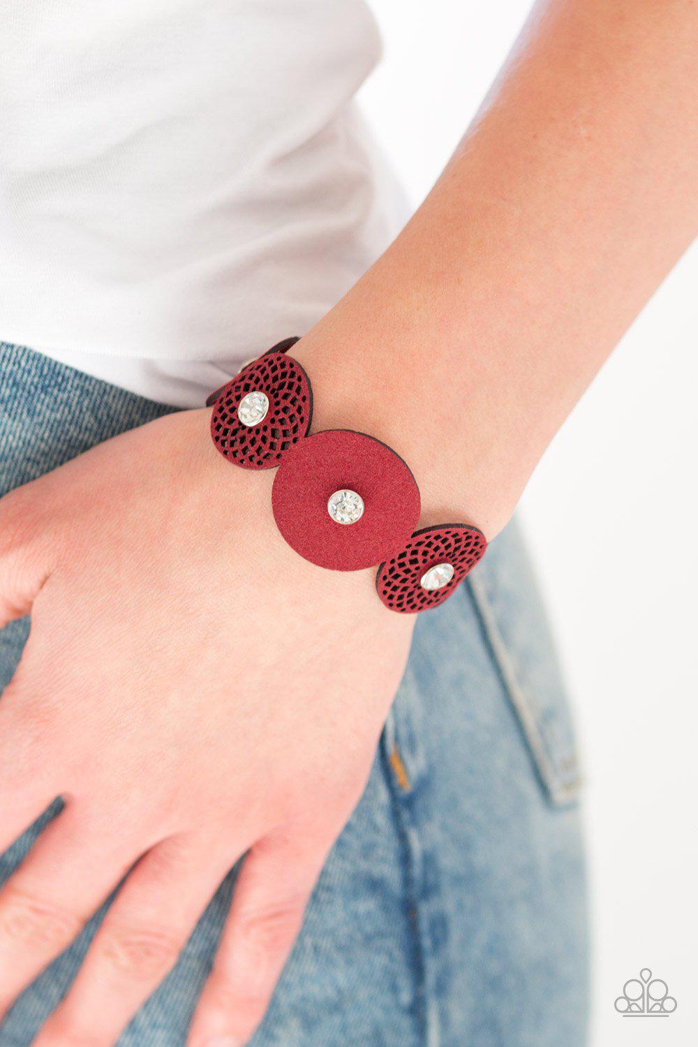 Poppin' Popstar Red Urban Wrap Snap Bracelet - Paparazzi Accessories- on model - CarasShop.com - Paparazzi Jewelry by Cara Jewels