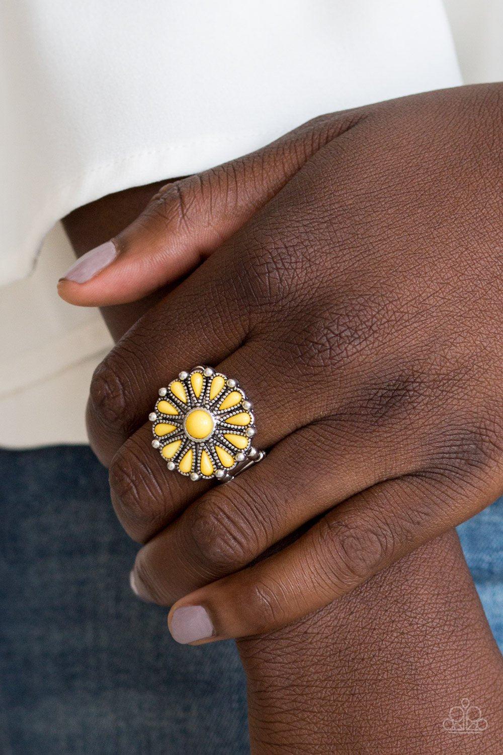 Poppy Pop-tastic Yellow and Silver Ring - Paparazzi Accessories- on model - CarasShop.com - Paparazzi Jewelry by Cara Jewels
