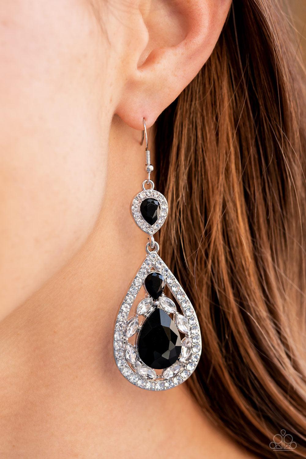 Posh Pageantry Black and White Rhinestone Earrings - Paparazzi Accessories- on model - CarasShop.com - Paparazzi Jewelry by Cara Jewels