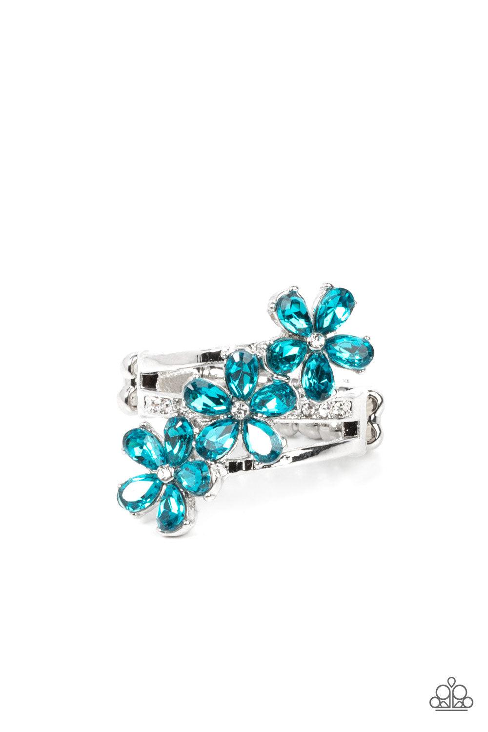 Posh Petals Blue Rhinestone Flower Ring - Paparazzi Accessories- lightbox - CarasShop.com - Paparazzi Jewelry by Cara Jewels