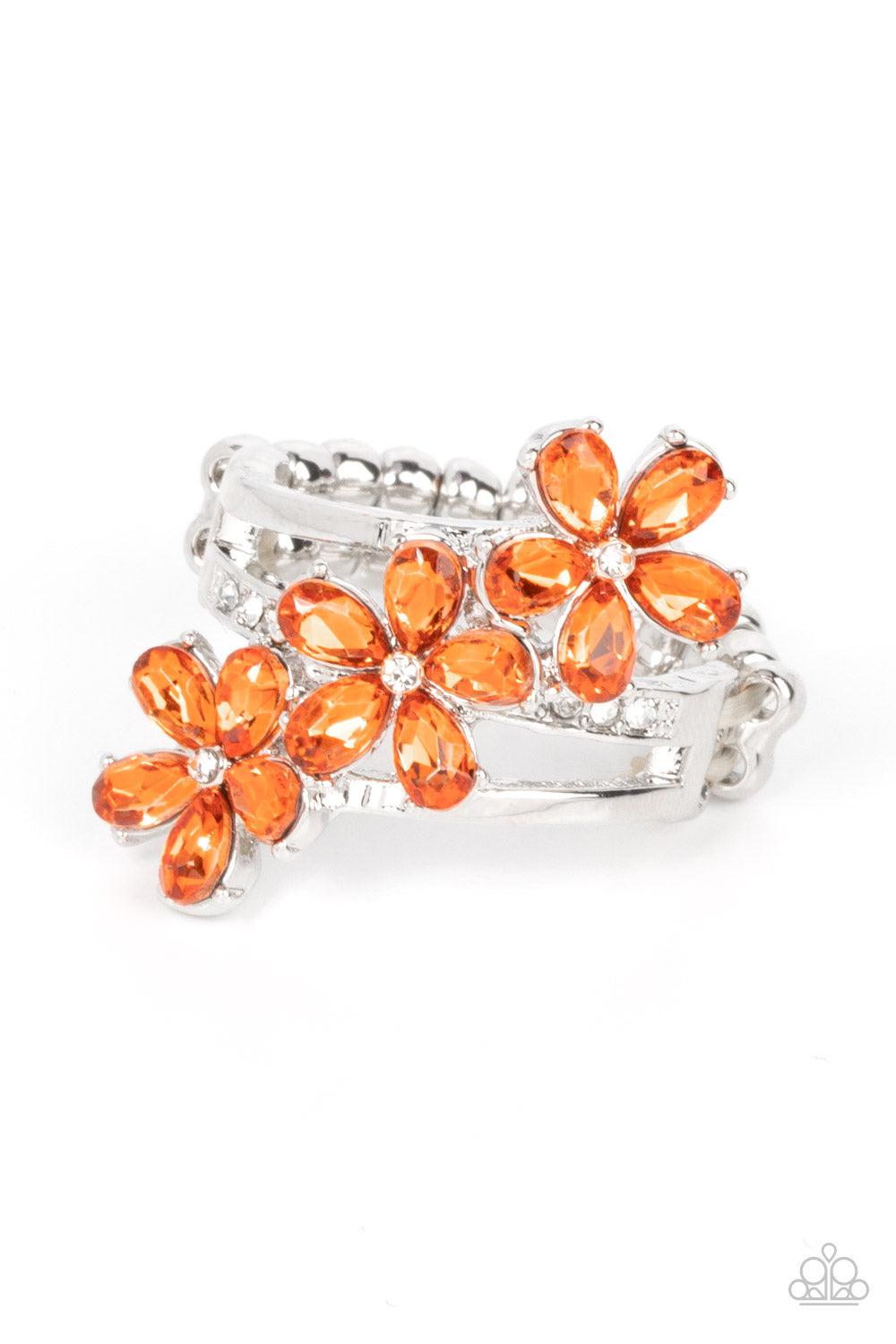 Posh Petals Orange Rhinestone Flower Ring - Paparazzi Accessories- lightbox - CarasShop.com - Paparazzi Jewelry by Cara Jewels