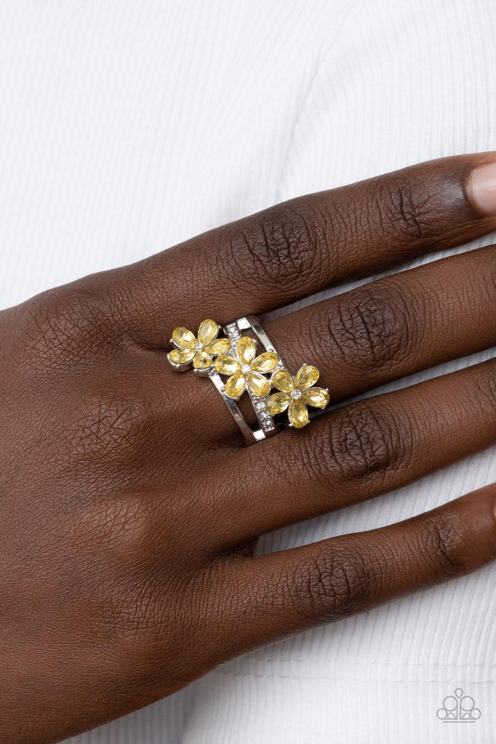 Posh Petals Yellow Flower Ring - Paparazzi Accessories- lightbox - CarasShop.com - Paparazzi Jewelry by Cara Jewels