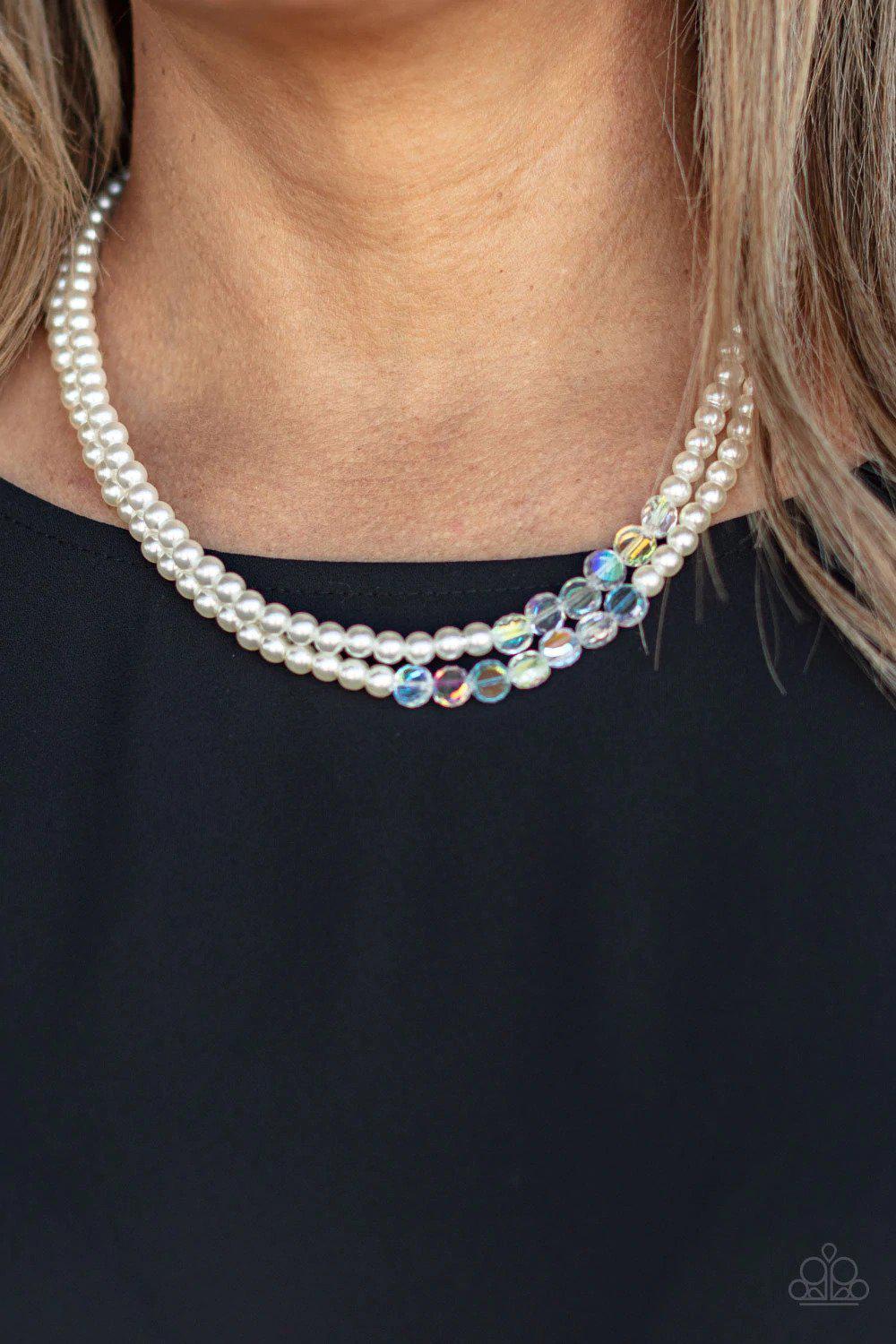 Poshly Petite White Pearl and Iridescent Choker Necklace - Paparazzi Accessories- on model - CarasShop.com - Paparazzi Jewelry by Cara Jewels