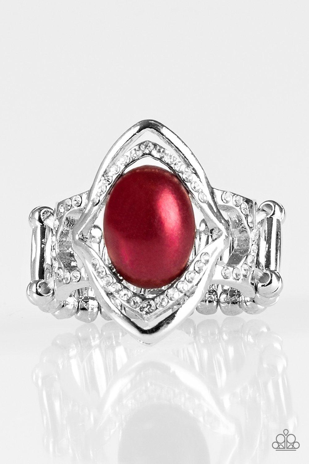 Positively Posh Red Pearl Ring - Paparazzi Accessories- on model - CarasShop.com - Paparazzi Jewelry by Cara Jewels