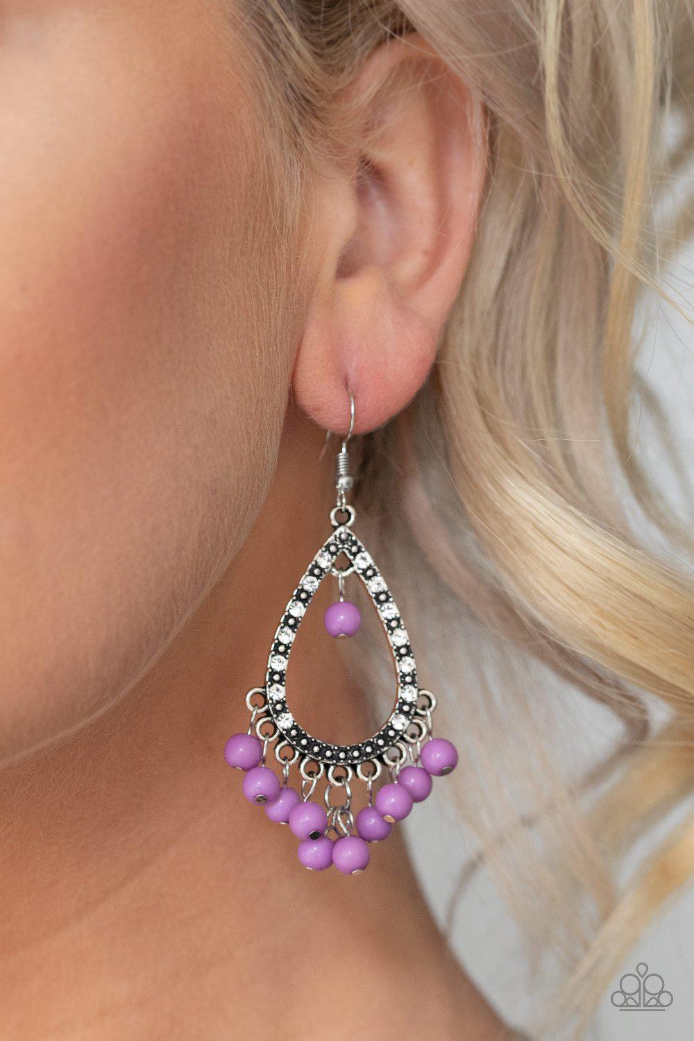 Positively Prismatic Purple Earrings - Paparazzi Accessories- on model - CarasShop.com - Paparazzi Jewelry by Cara Jewels