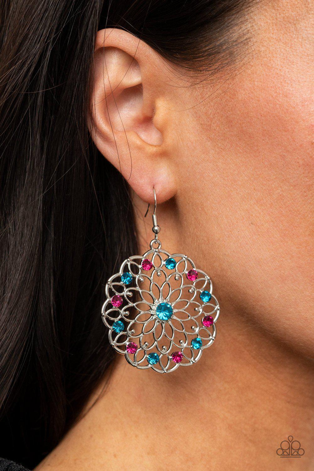 Posy Proposal Multi Blue and Pink Rhinestone Flower Earrings - Paparazzi Accessories- lightbox - CarasShop.com - Paparazzi Jewelry by Cara Jewels