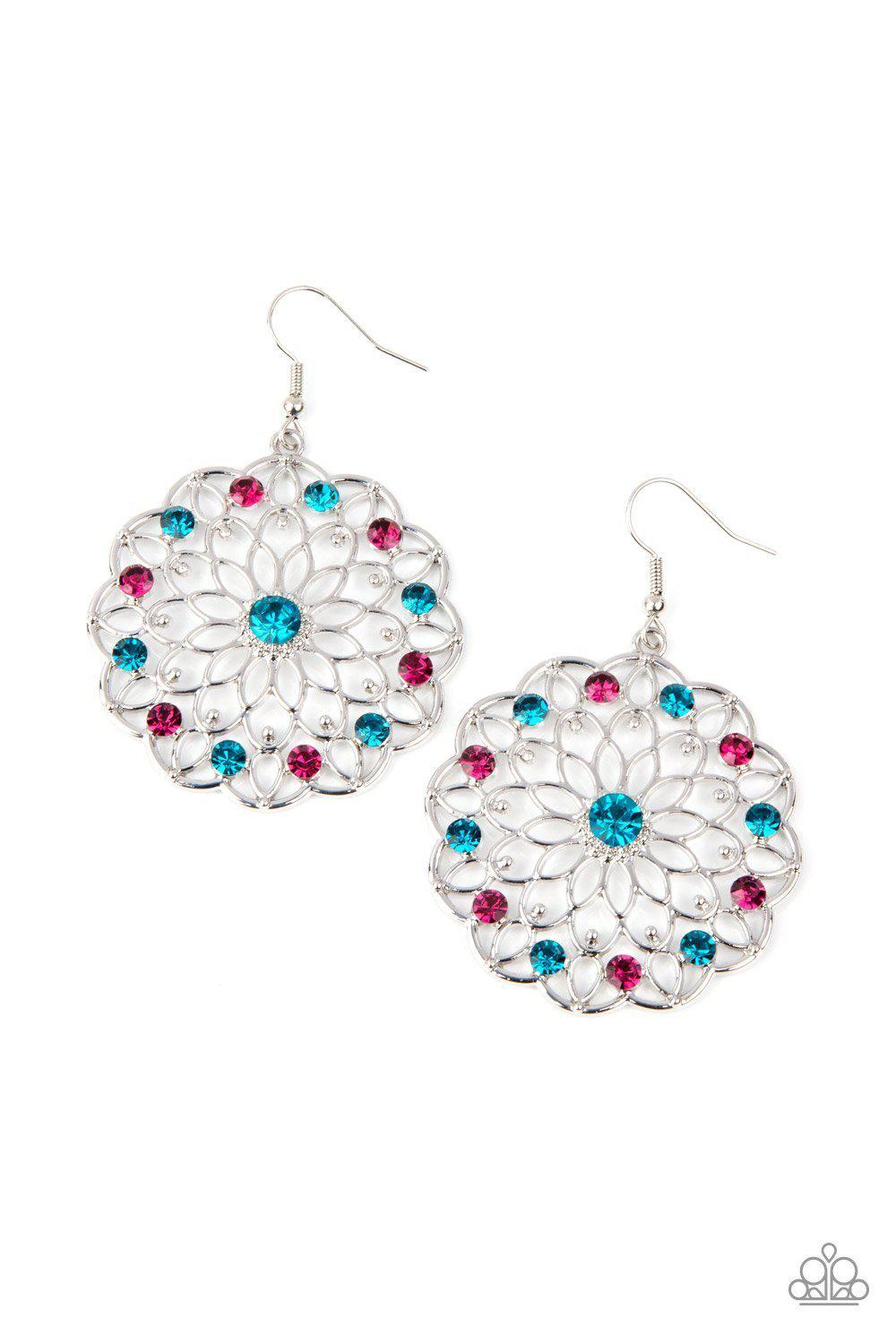 Posy Proposal Multi Blue and Pink Rhinestone Flower Earrings - Paparazzi Accessories- on model - CarasShop.com - Paparazzi Jewelry by Cara Jewels