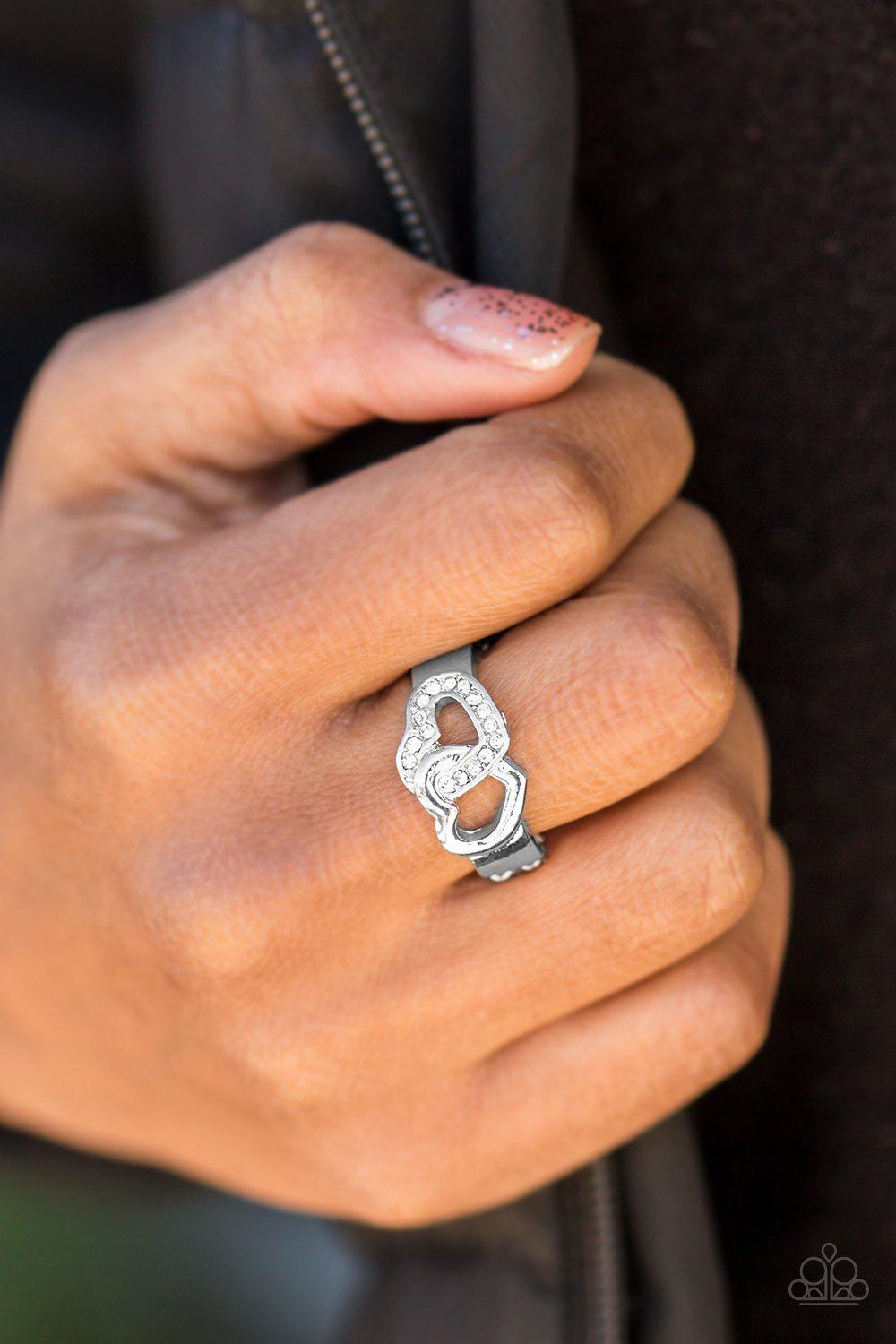 Pour Your Heart Out Silver and White Rhinestone Heart Ring - Paparazzi Accessories- lightbox - CarasShop.com - Paparazzi Jewelry by Cara Jewels