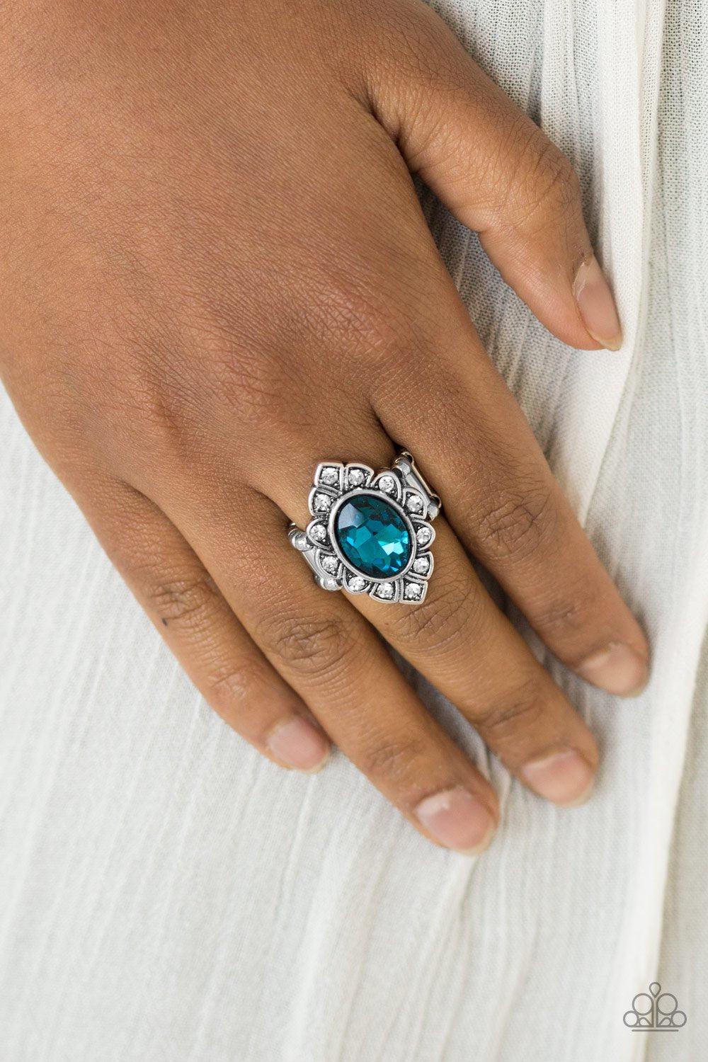Power Behind The Throne Silver and Blue Gem Ring - Paparazzi Accessories- lightbox - CarasShop.com - Paparazzi Jewelry by Cara Jewels