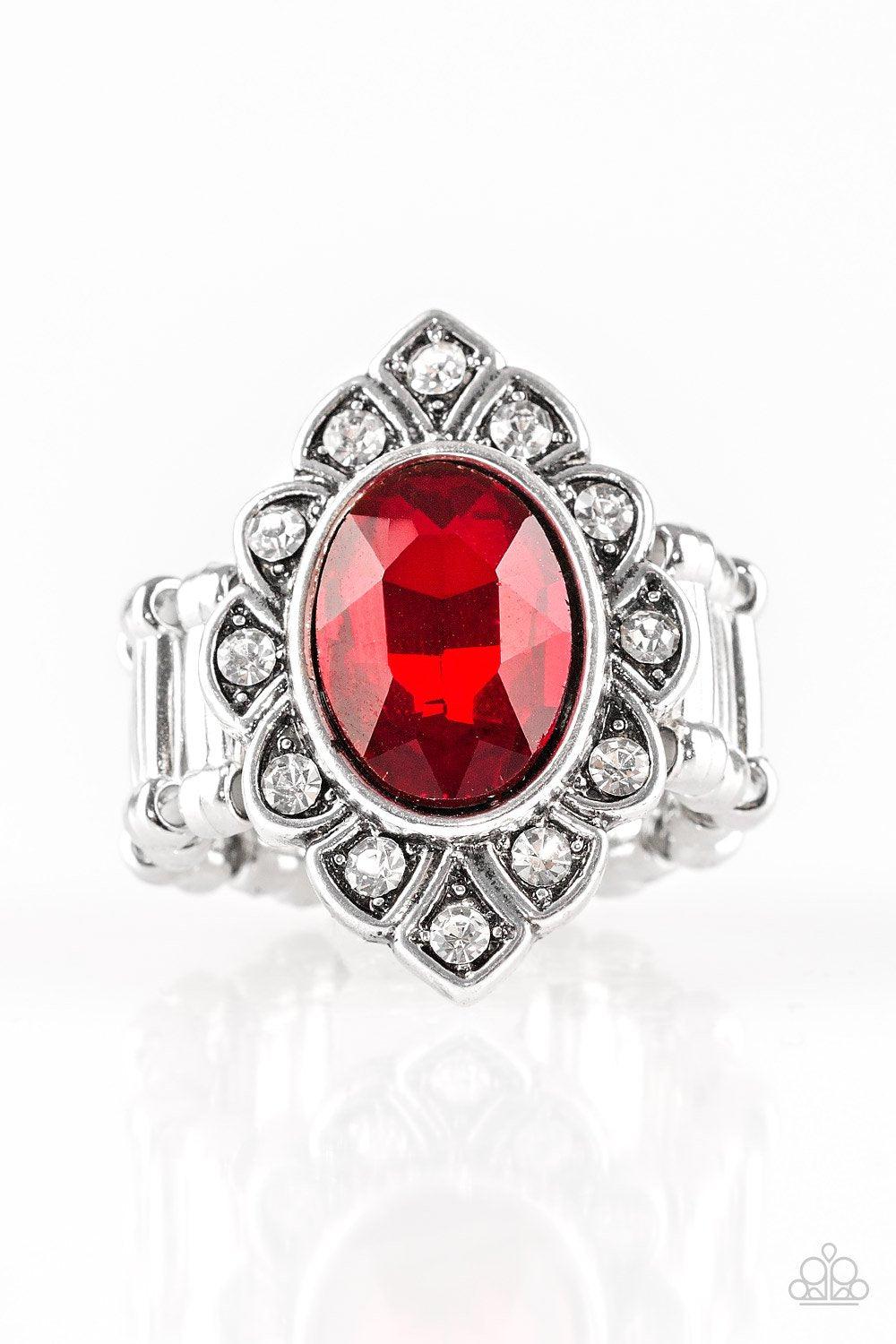 Power Behind The Throne Silver and Red Gem Ring - Paparazzi Accessories- on model - CarasShop.com - Paparazzi Jewelry by Cara Jewels