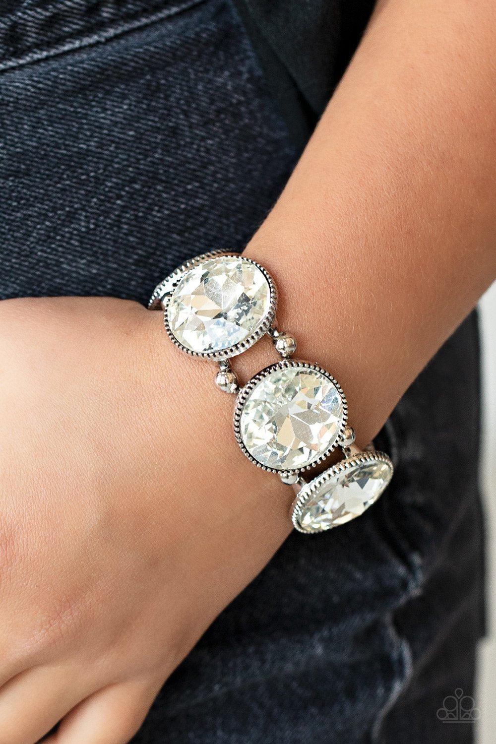 Powerhouse Hustle White Rhinestone Bracelet - Paparazzi Accessories- on model - CarasShop.com - Paparazzi Jewelry by Cara Jewels