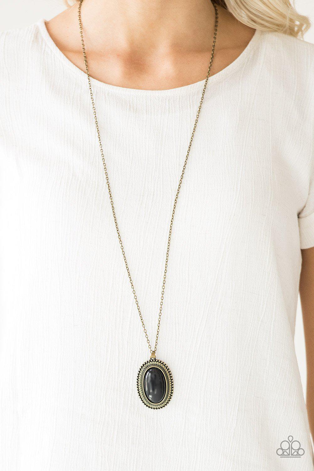Practical Prairie Brass and Black Necklace - Paparazzi Accessories- on model - CarasShop.com - Paparazzi Jewelry by Cara Jewels