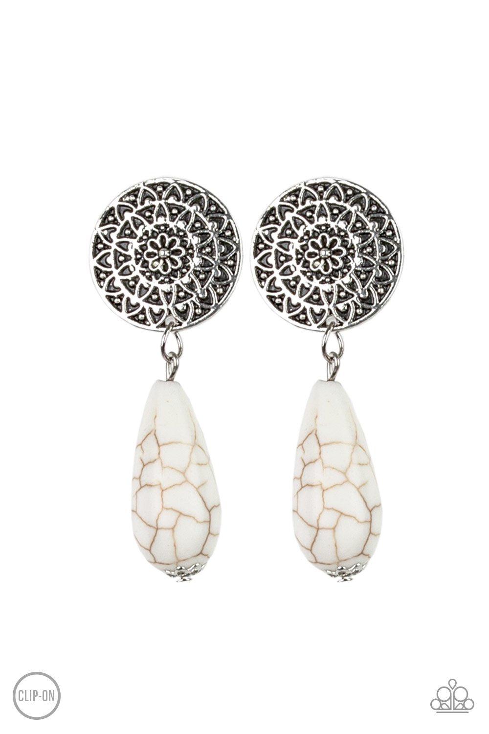 Prairie Bliss Silver and White Stone Clip-On Earrings - Paparazzi Accessories- lightbox - CarasShop.com - Paparazzi Jewelry by Cara Jewels
