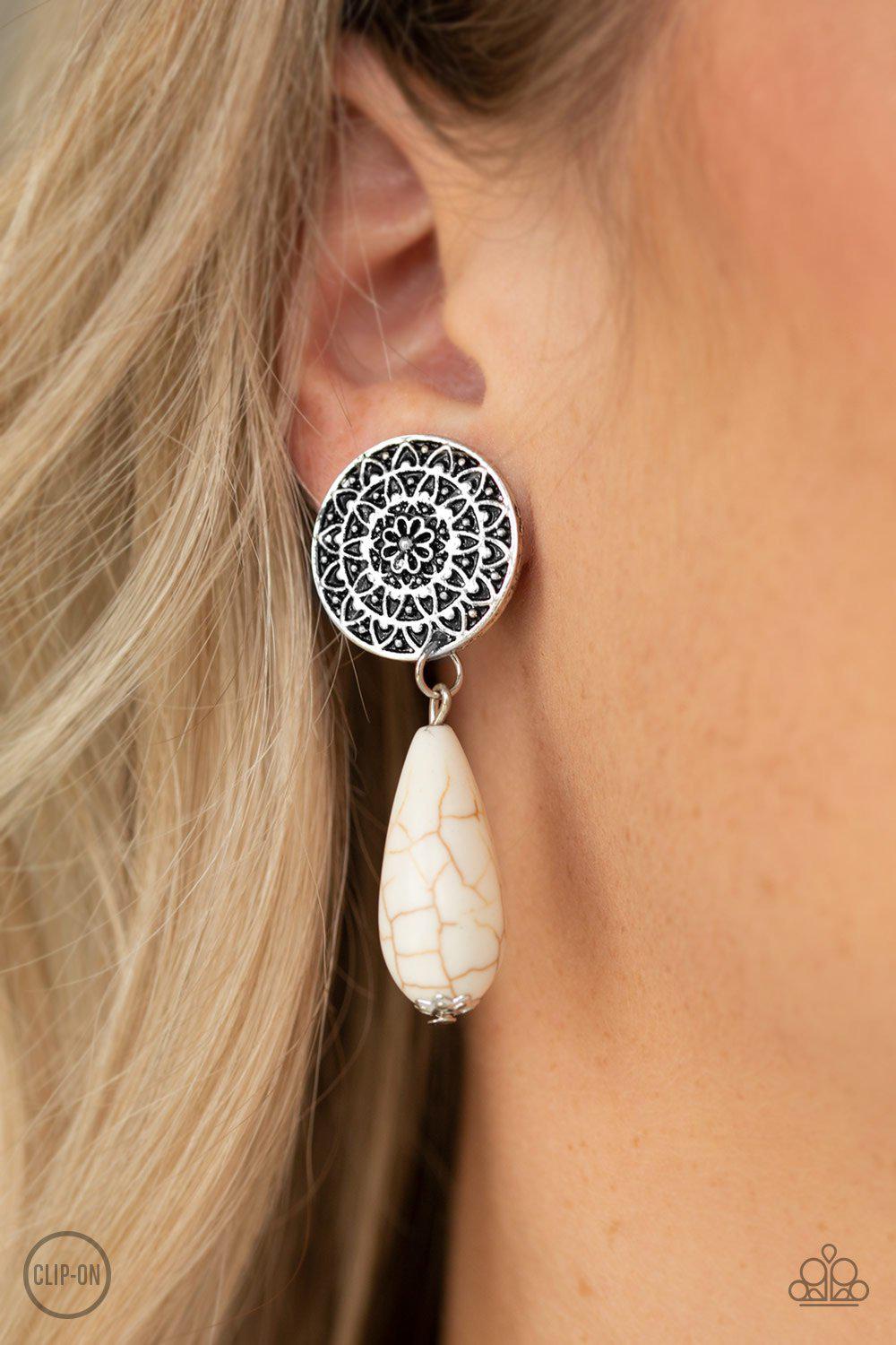 Prairie Bliss Silver and White Stone Clip-On Earrings - Paparazzi Accessories- on model - CarasShop.com - Paparazzi Jewelry by Cara Jewels