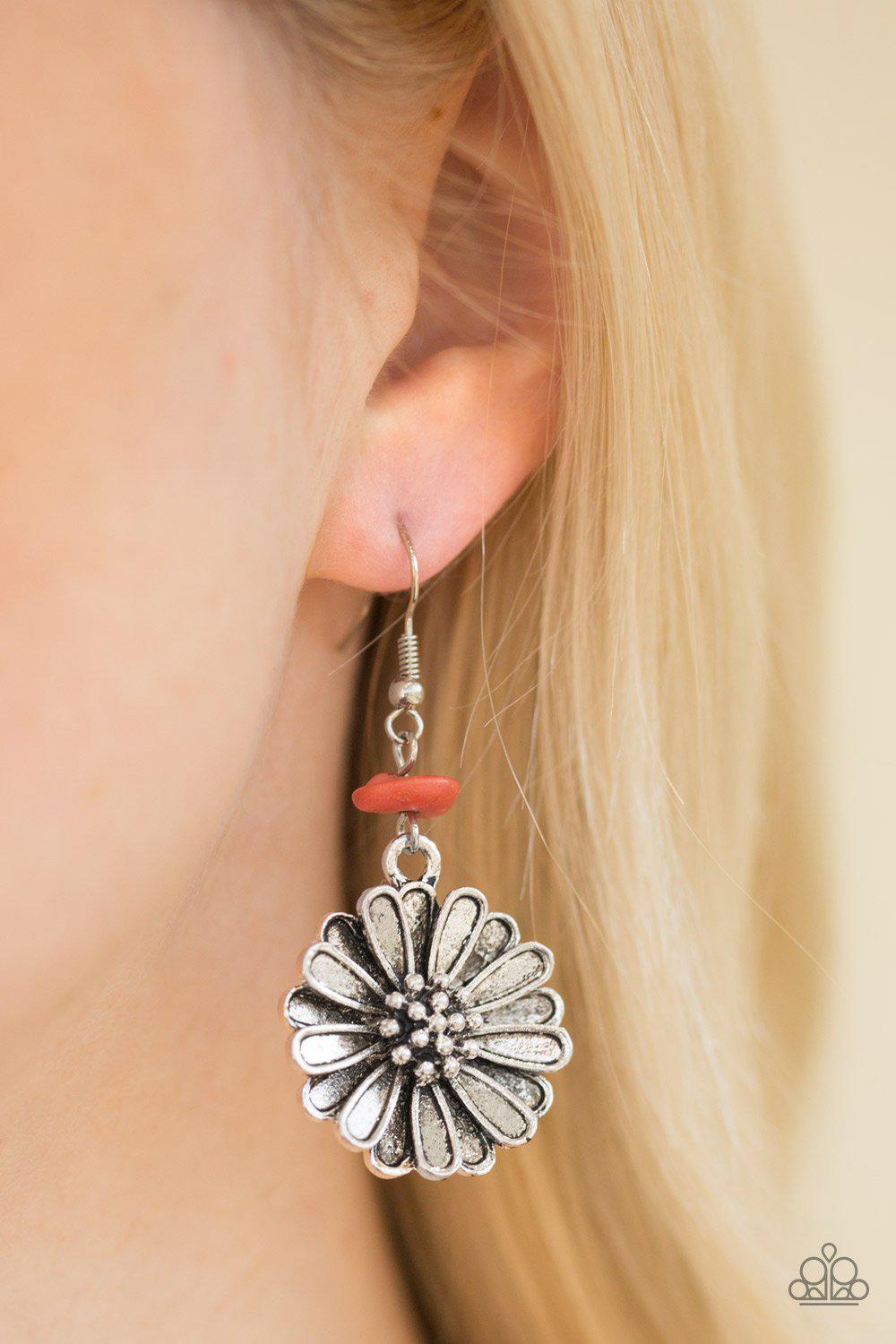 Prairie Garden Orange and Silver Flower Earrings - Paparazzi Accessories- lightbox - CarasShop.com - Paparazzi Jewelry by Cara Jewels