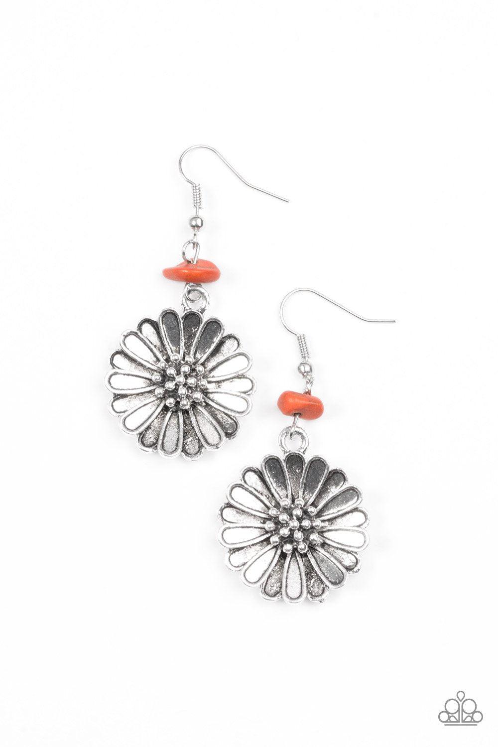Prairie Garden Orange and Silver Flower Earrings - Paparazzi Accessories- on model - CarasShop.com - Paparazzi Jewelry by Cara Jewels