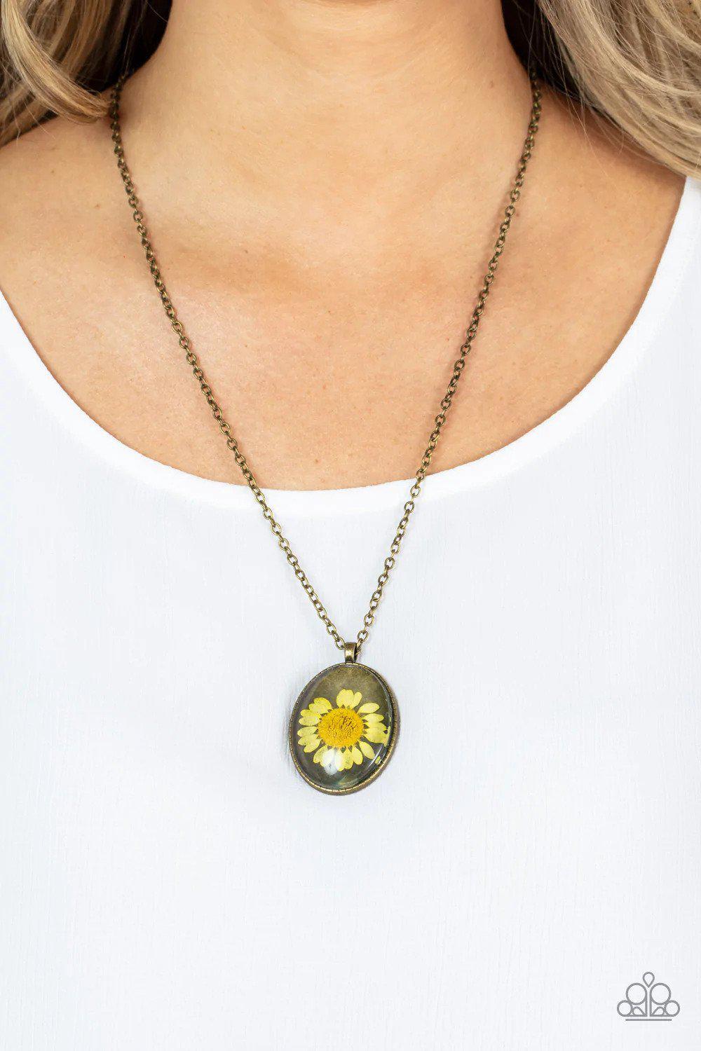 Prairie Passion Yellow Flower Necklace - Paparazzi Accessories- on model - CarasShop.com - Paparazzi Jewelry by Cara Jewels