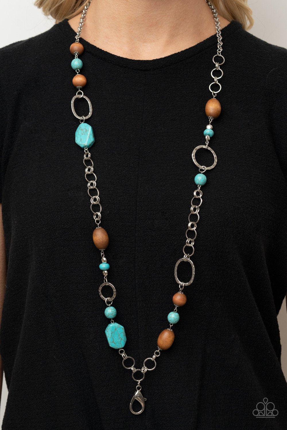 Prairie Reserve Turquoise Blue Stone and Wood Bead Lanyard Necklace - Paparazzi Accessories- on model - CarasShop.com - Paparazzi Jewelry by Cara Jewels