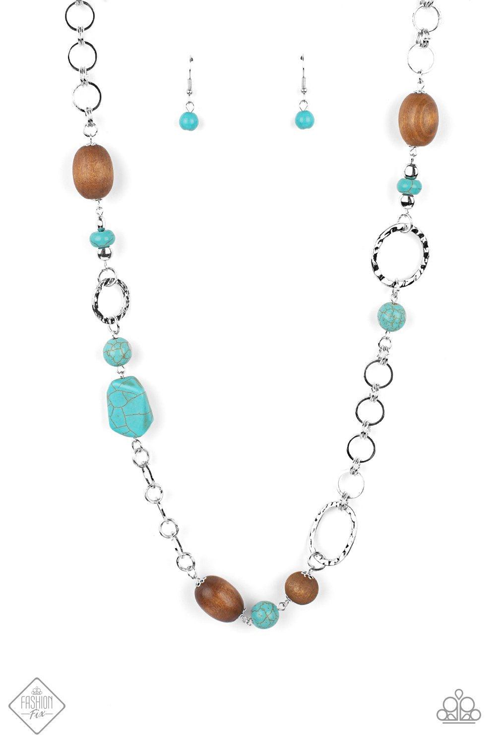 Prairie Reserve Turquoise Blue Stone, Wood Bead and Silver Necklace - Paparazzi Accessories- on model - CarasShop.com - Paparazzi Jewelry by Cara Jewels