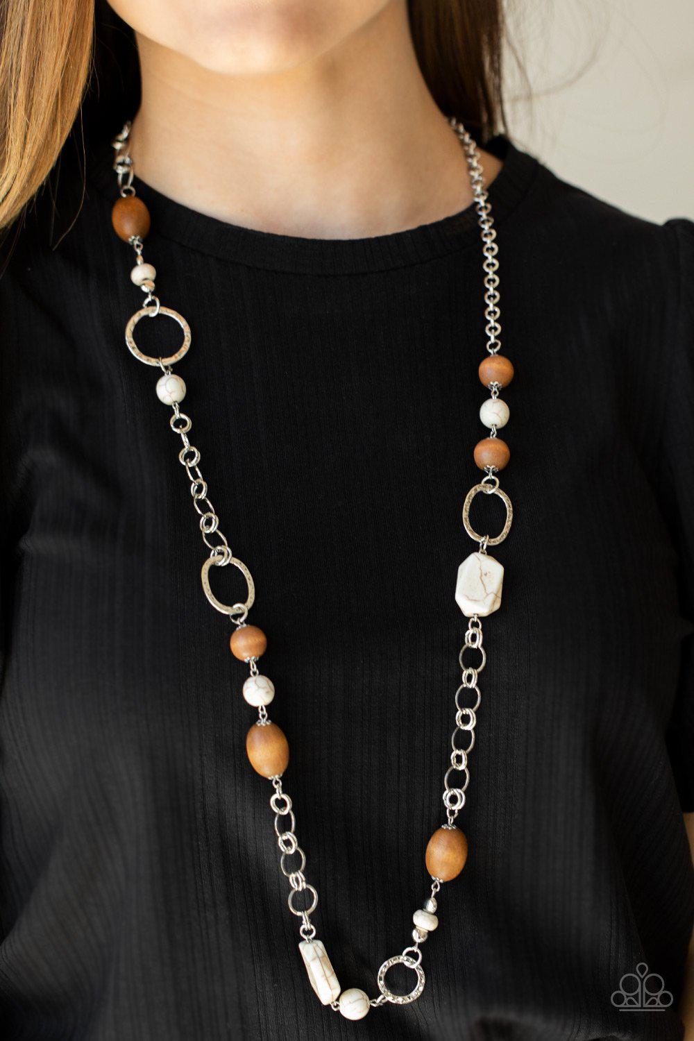 Prairie Reserve White Stone and Wood Bead Necklace - Paparazzi Accessories- on model - CarasShop.com - Paparazzi Jewelry by Cara Jewels