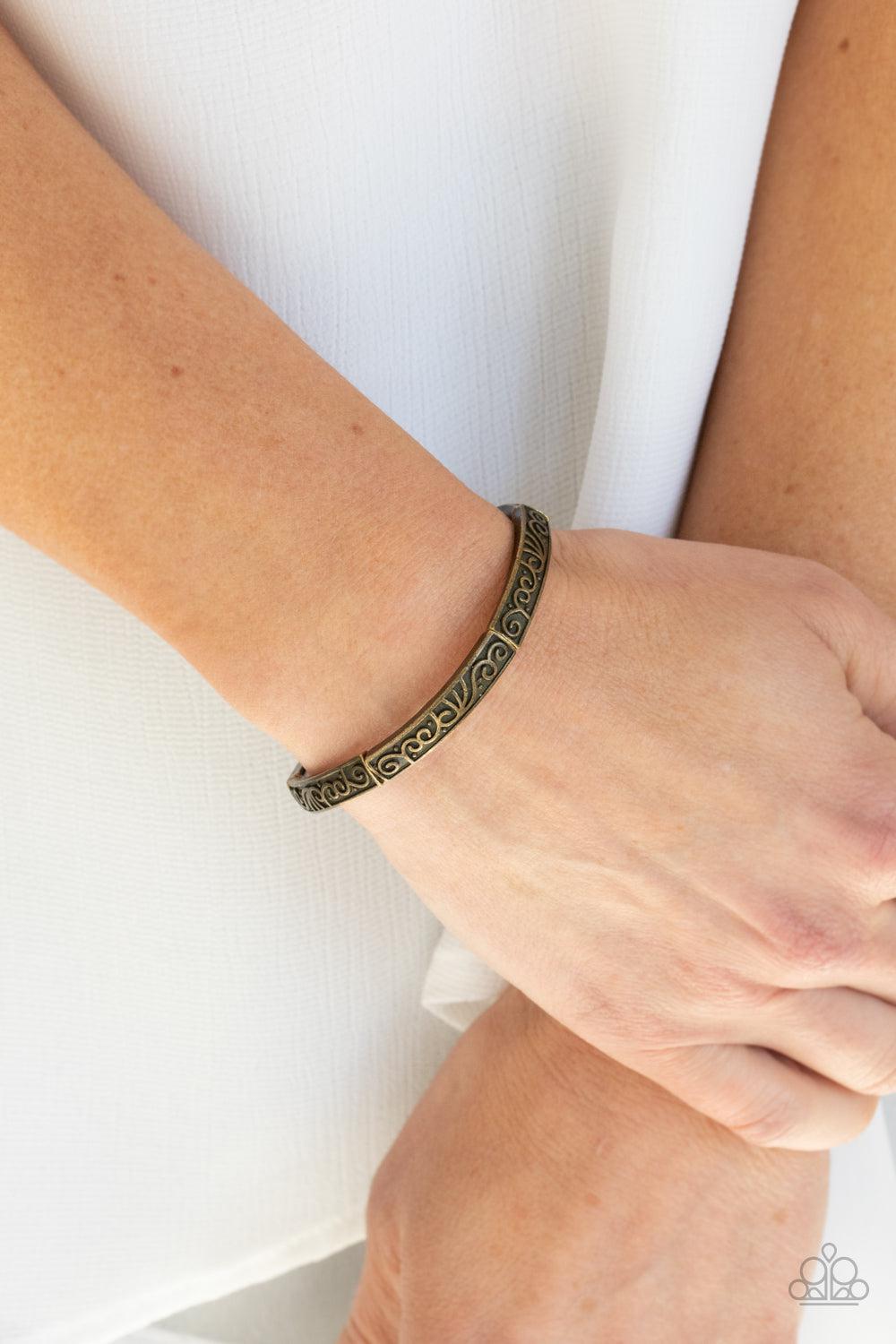Precisely Petite Brass Bracelet - Paparazzi Accessories- on model - CarasShop.com - Paparazzi Jewelry by Cara Jewels