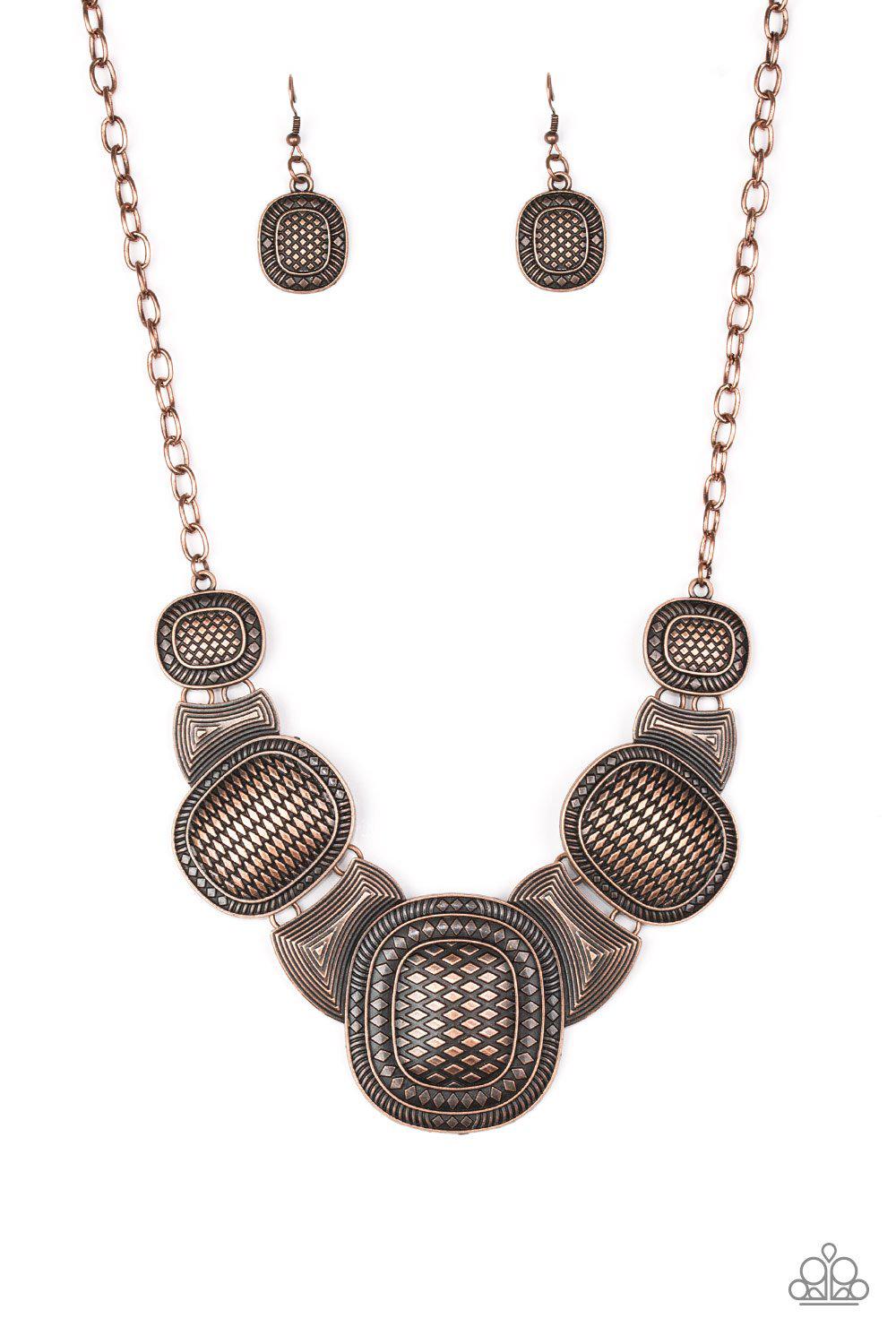 Prehistoric Powerhouse Copper Necklace - Paparazzi Accessories - free matching earrings -CarasShop.com - Paparazzi Jewelry by Cara Jewels
