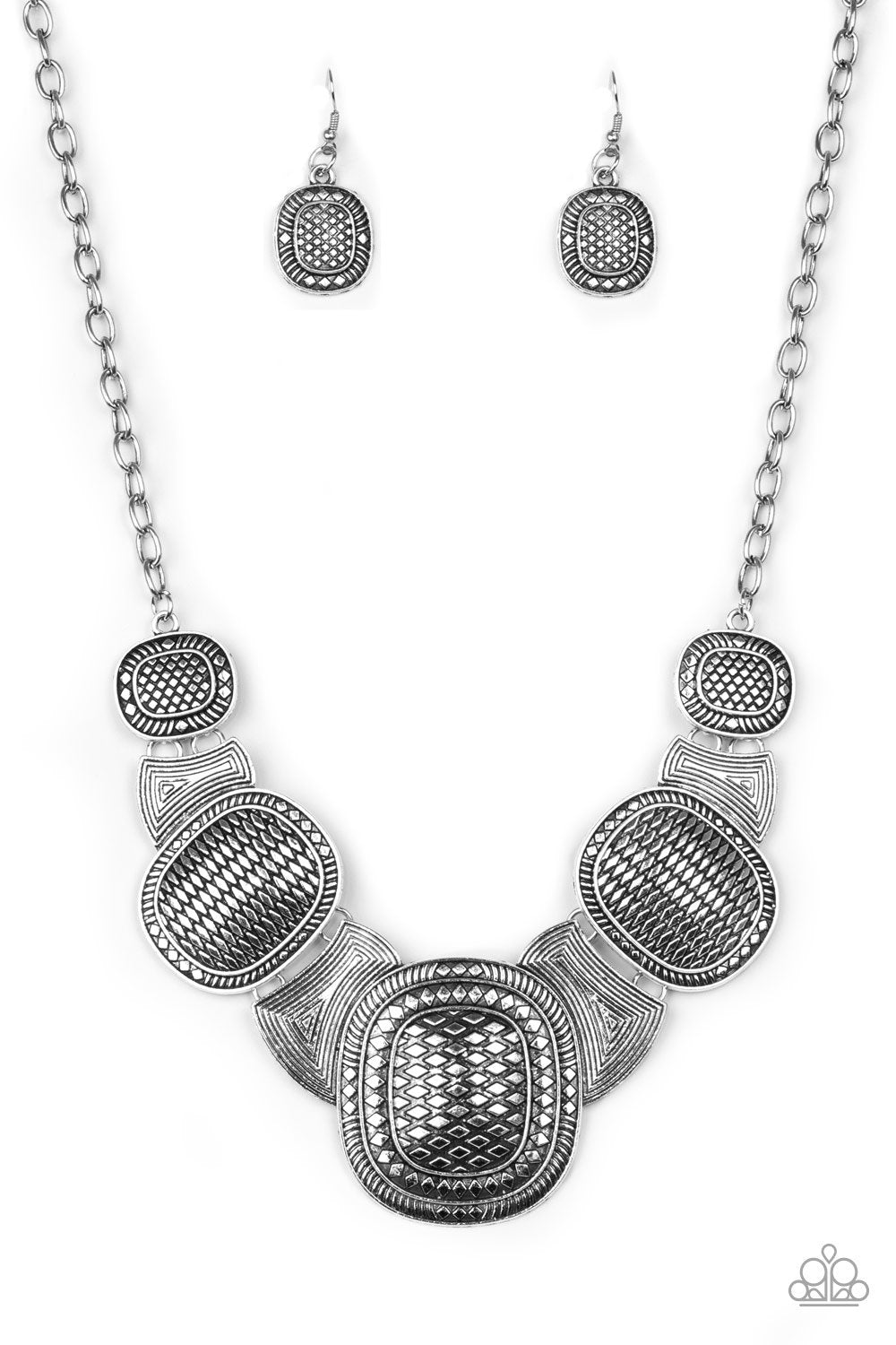 Prehistoric Powerhouse Silver Statement Necklace - Paparazzi Accessories - free matching earrings -CarasShop.com - Paparazzi Jewelry by Cara Jewels