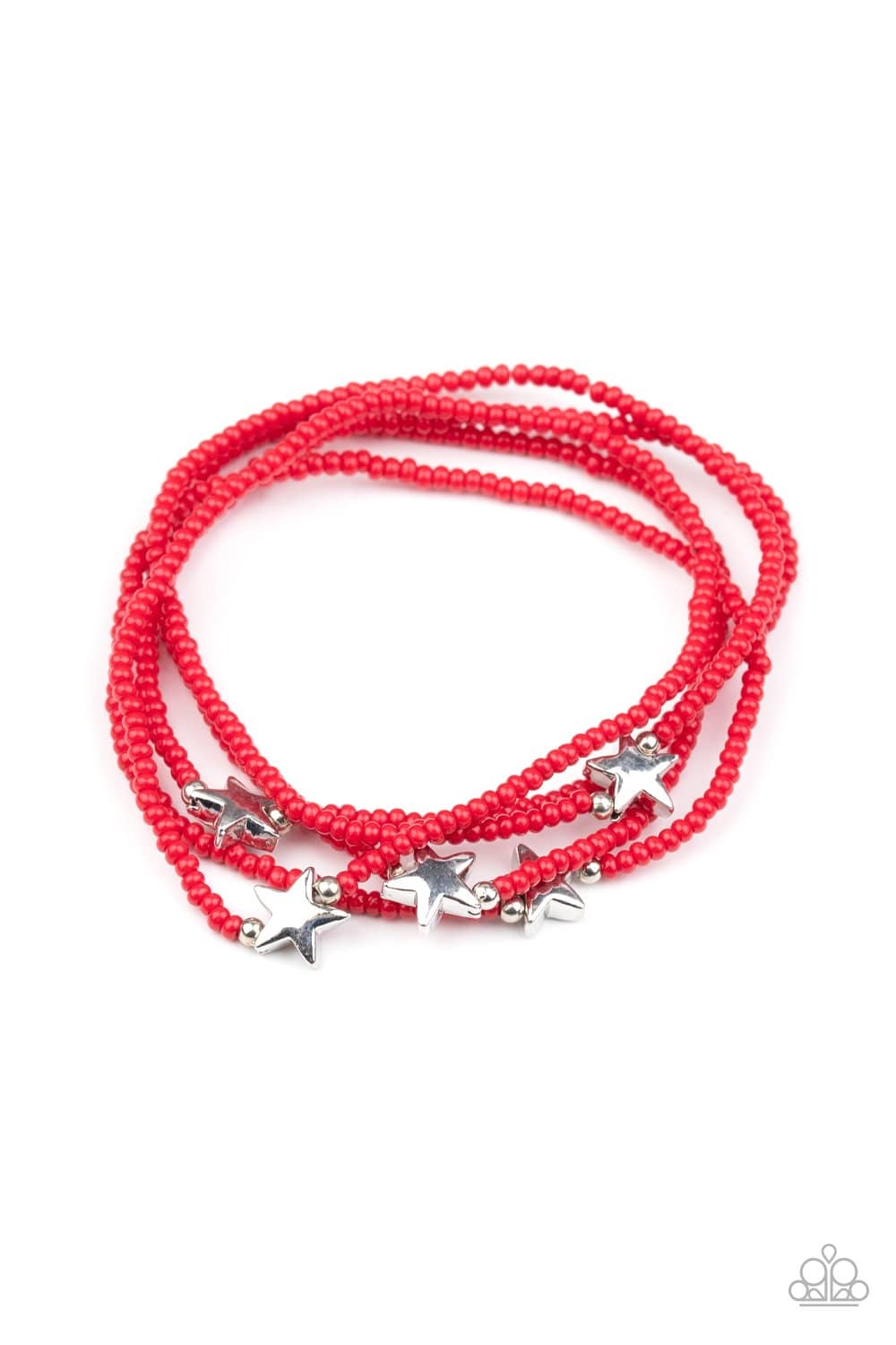Pretty Patriotic Red Seed Bead and Silver Star Bracelet - Paparazzi Accessories- lightbox - CarasShop.com - Paparazzi Jewelry by Cara Jewels