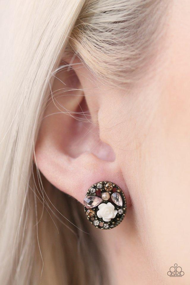 Pretty Perennial Brass Rose Post Earrings - Paparazzi Accessories- lightbox - CarasShop.com - Paparazzi Jewelry by Cara Jewels