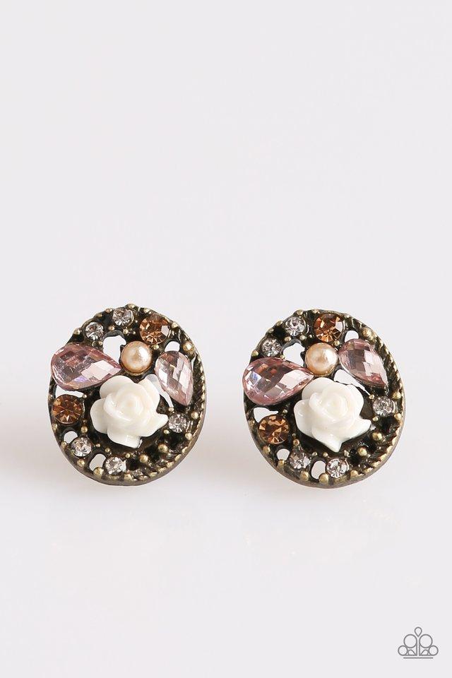 Pretty Perennial Brass Rose Post Earrings - Paparazzi Accessories- on model - CarasShop.com - Paparazzi Jewelry by Cara Jewels