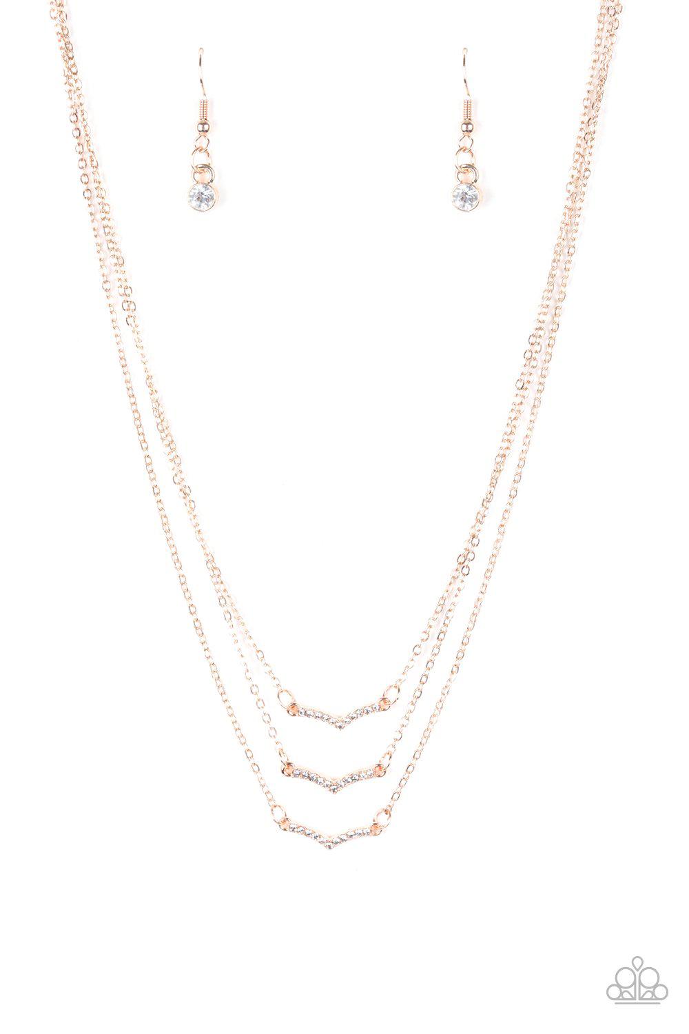 Pretty Petite Rose Gold and White Rhinestone Necklace - Paparazzi Accessories - free matching earrings -CarasShop.com - Paparazzi Jewelry by Cara Jewels