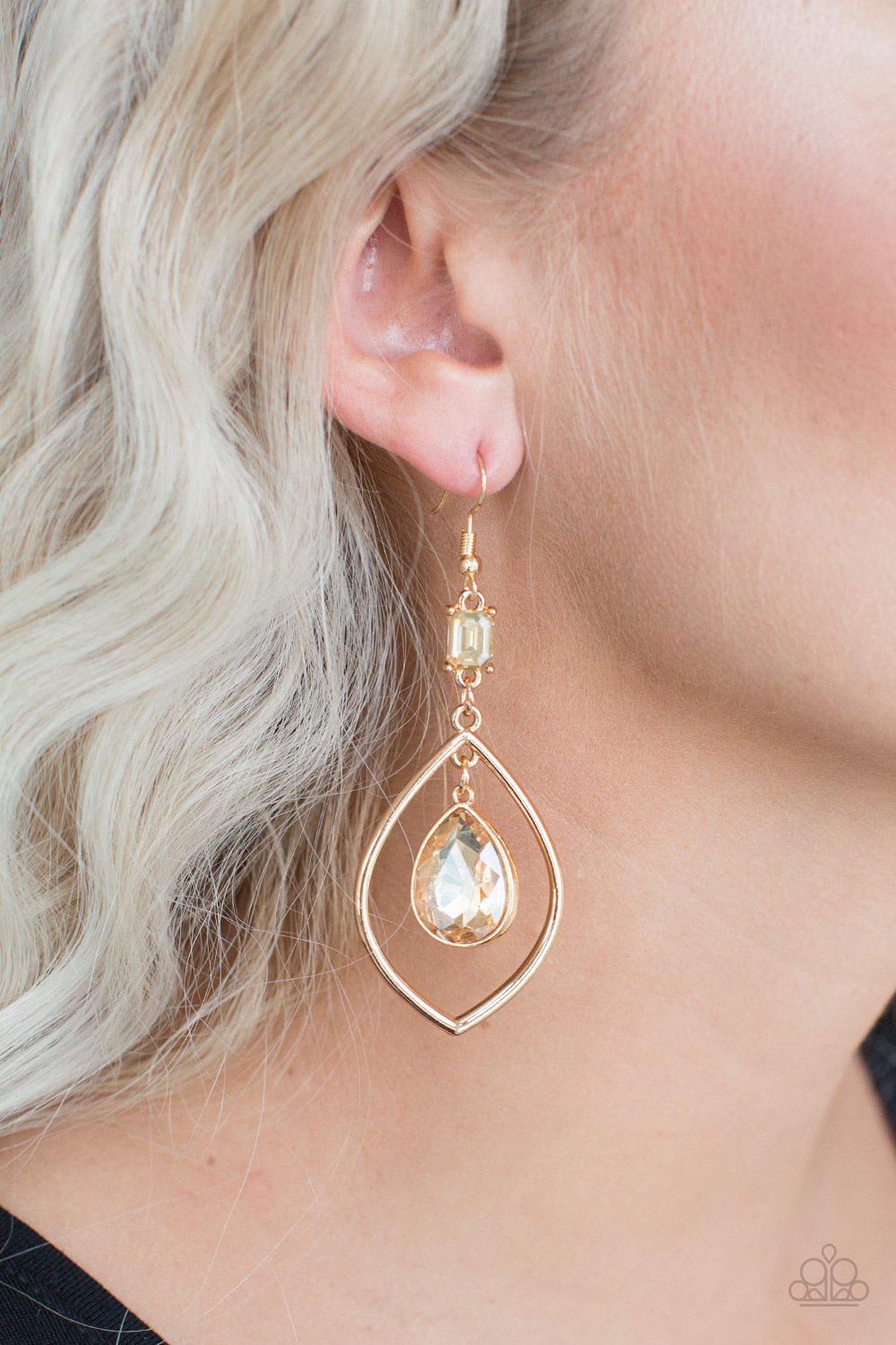 Priceless Gold Rhinestone Teardrop Earrings - Paparazzi Accessories- lightbox - CarasShop.com - Paparazzi Jewelry by Cara Jewels