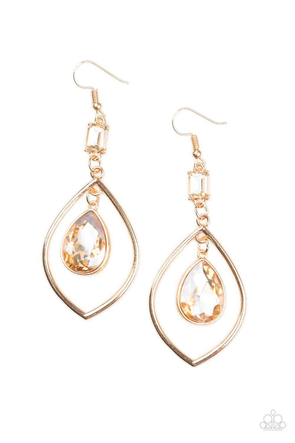 Priceless Gold Rhinestone Teardrop Earrings - Paparazzi Accessories- on model - CarasShop.com - Paparazzi Jewelry by Cara Jewels