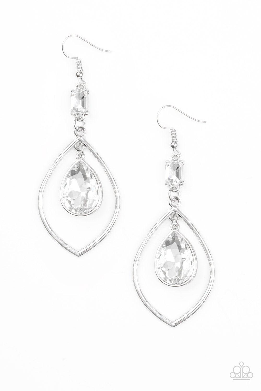 Priceless White Rhinestone Earrings - Paparazzi Accessories- on model - CarasShop.com - Paparazzi Jewelry by Cara Jewels